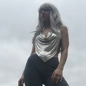 vintage silver metal mesh halter top